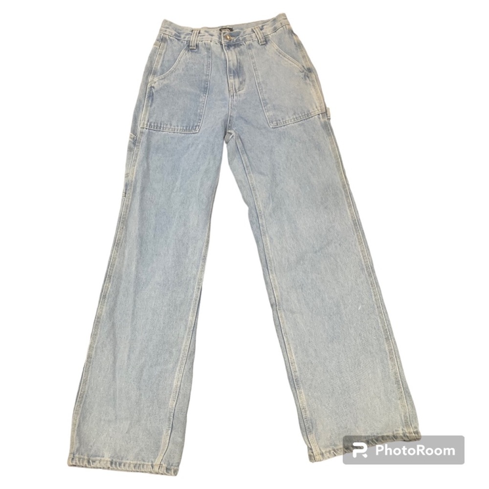Simple Society Light Wash Wide Leg High Waisted Carpenter Mom Jeans, Size 1